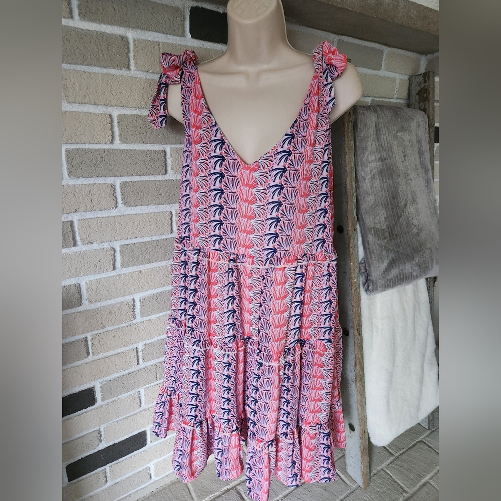 Scallop Print Tie Strap Tiered Shift Dress